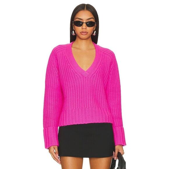 Autumn Cashmere Sweater Hot Hyper Pink Chunky Knit V Neck Pullover XS - Picture 1 of 8